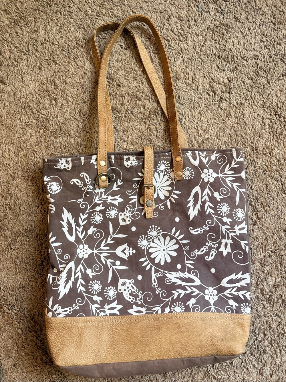 Myra Bag Brown and White Floral Shoulder Tote with Tan Trim